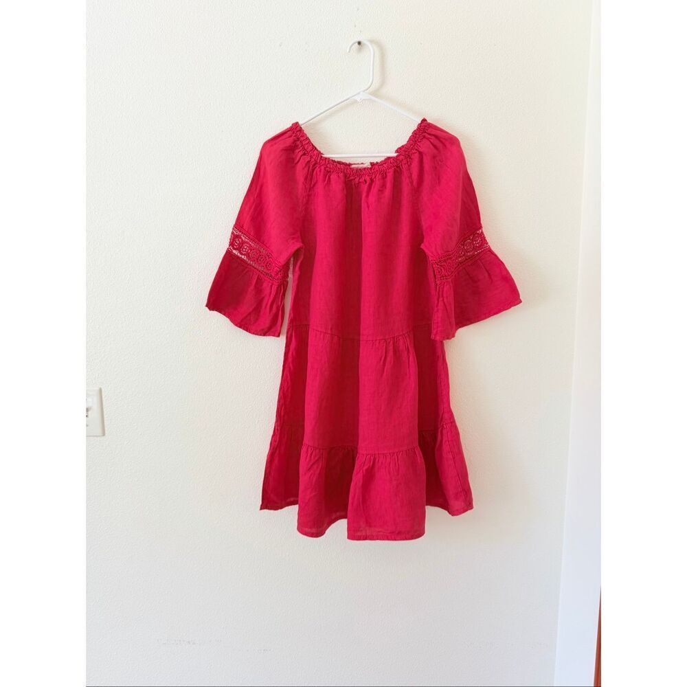 Terzo Millennio Shift Dress Red 100% Linen Pull Over Eyelet Made in Italy S